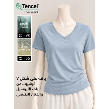 تيشيرت نسائي من التنسل والكتان بياقة V