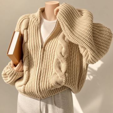 كارديجان محبوك بنمط ياباني وكوري بسحاب نسائي
